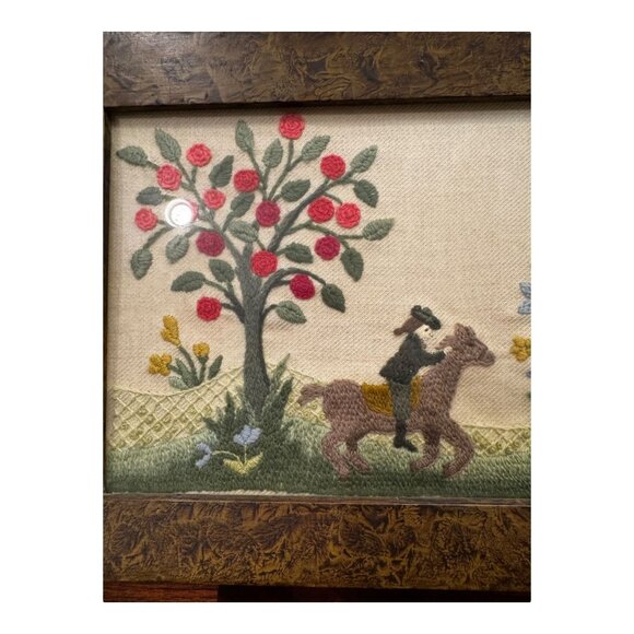 Vtg Framed Folk Art Embroidery/Crewel George Washington? On Horse Cherry Tree - Picture 3 of 9